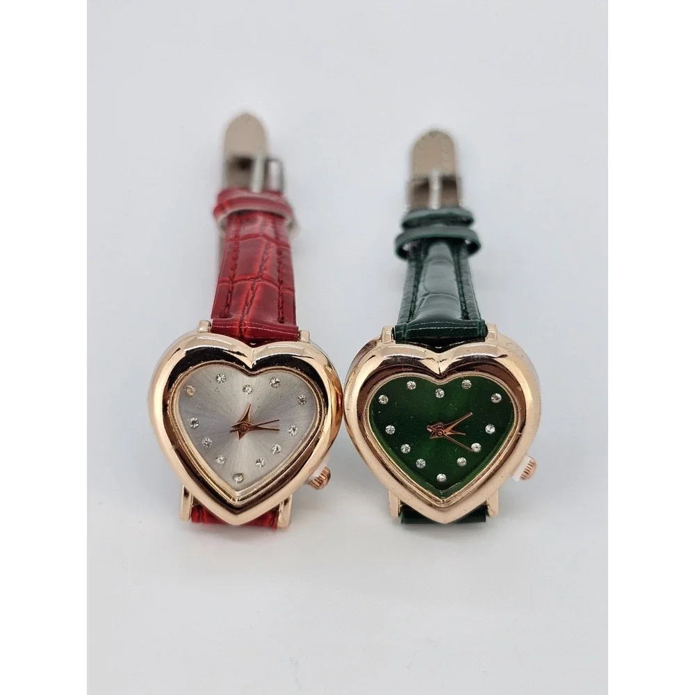 2X Girl's Women's Watch Heart Shape Green Red Dial 28MM Green‎ Red Leather Bands